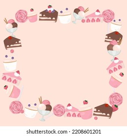 Dessert sweet frame with pastel background, design with chocolate cake, strawberry shortcake, ice cream, cupcake, and candy