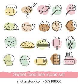 Dessert and sweet icon set. Collection dessert and sweet icons in thin line style.