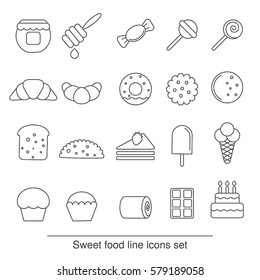 Dessert and sweet icon set. Collection dessert and sweet icons in thin line style.