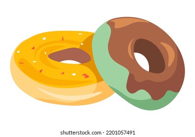 Dessert sweet pastry with chocolate topping, isolated donut with sprinkles and sugar. Snack product, meal ingredient. Pastry shop or bakery store, confectionery. Vector in flat style illustration
