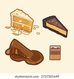 Dessert sweet pastry snack slice cheesecake, cocholate cake,  bakery bread cafe illustration