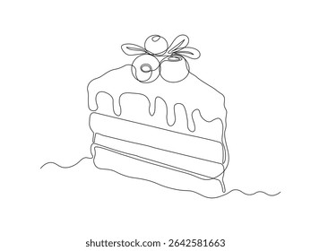 Dessert sweet piece of cake with cranberry berry, sweetness, continuous single one line art hand drawing sketch logo