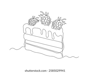 Dessert sweet piece of cake with raspberries, sweetness, continuous single one line art hand drawing sketch logo