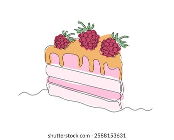 Dessert sweet piece of cake with raspberries, sweetness, continuous single one line art hand drawing sketch logo