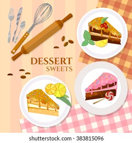 Dessert sweet pieces of cake table top view vector illustration 