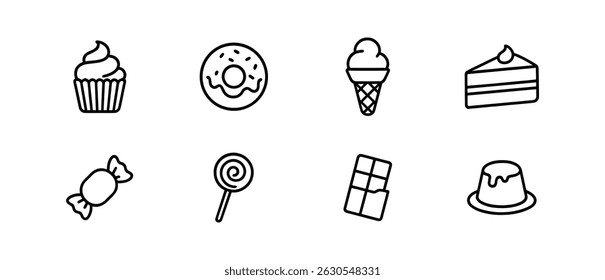 Dessert, sweet treats icon set - outline, cakes, candies, and ice cream symbols
