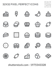 Dessert, Sweets, Baked Goods, Cakes and Cookies. Simple Interface Icons. Editable Stroke. 32x32 Pixel Perfect.