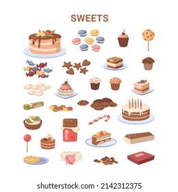 Panadería de postres y dulces, productos de pastelería aislados. Vector de estilo plano, pastel de cumpleaños con vidrios, magdalenas y pastelitos, galletas y dulces, copas, macarons coloridos, galletas