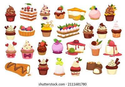 Dessert and sweets, candies and cookies, chocolate cakes and tasty rolls with cream and berries. Confectionery and pastry, bakery shop assortment of cafe or restaurant menu. Vector in flat style