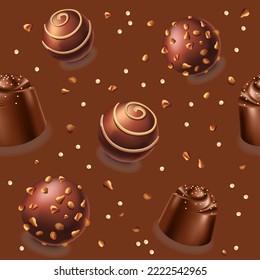 Dessert and sweets, chocolate candies with cream and mousse filling. Tasty meal with glazing and sugar. Bakery or confectionery. Seamless pattern, background or print wallpaper. Vector in flat style