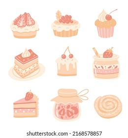 Dessert and sweets. Cupcakes, mini tarts, jar dessert, jam and cake elements. Vector hand drawn set in pastel colors.