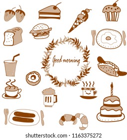 Dessert & Sweets Food Doodle Icons Hand Made,
cake,Coffee,Ice cream, eggs, sausages, hamburgers
