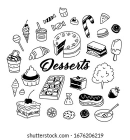 Dessert, Sweets Hand Drawn Doodle Icons, Illustration With Cake, Cookies, Eclair, Cupcake, Ice Cream, Candy, Croissant. 