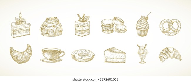 Dessert Sweets Hand Drawn Doodle Vector Illustrations Set. Cakes, Donut, Ice Cream, Coffee, Macarons and Croissant Buns Confectionary Sketch Style Drawings Collection. Isolated