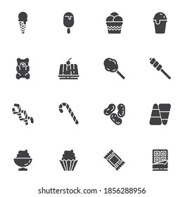 Dessert and sweets vector icons set, modern solid symbol collection, filled style pictogram pack. Signs, logo illustration. Set includes icons as ice cream, cupcake, muffin cake, lollipop, chocolate