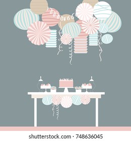 Dessert table and paper lanterns. Candy bar with cake. Vector illustration.