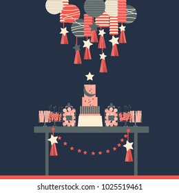 Dessert table and paper lanterns. Wedding candy bar with cake. Birthday sweet buffet.  Vector illustration.