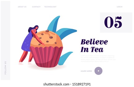 Dessert for Tea Party or Fest Celebration Website Landing Page. Bakery and Sweet Food. Tiny Woman Holding Huge Cupcake Muffin with Chocolate Sprinkles Web Page Banner. Cartoon Flat Vector Illustration