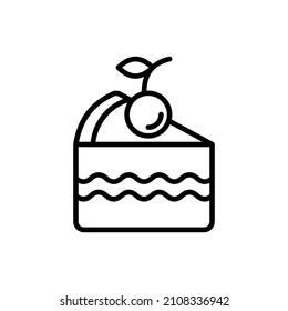 Dessert thin line icon: piece of cake with cherry. Modern vector illustration of bakery.