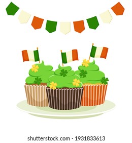 Dessert of three cupcakes decorated with the flag of Ireland, an illustration for St. Patrick's Day. Vector cartoon illustration isolated on a white background.