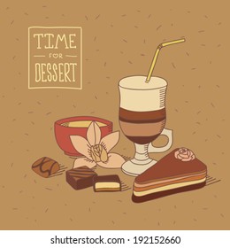 Dessert time still life illustration with cup of cappuccino, piece of brownie cake with flower on top, chocolate sweets with cream stuffing, bowl with vanilla cream and vanilla flower in vintage style