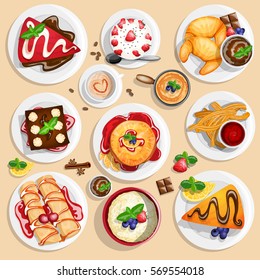 Dessert top view. Collection of different dessert foods in high detailed coloring style