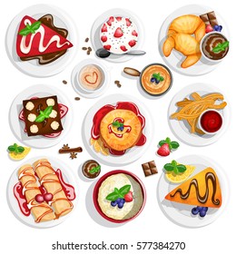 Dessert top view. Collection of different dessert foods in high detailed coloring style on white background