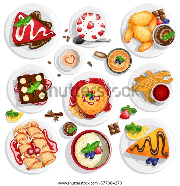 Dessert top view.\
Collection of different dessert foods in high detailed coloring\
style on white\
background