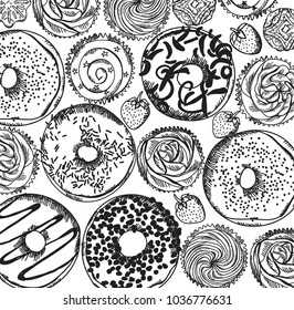Dessert top view frame: donut, cupcake, cake. Food menu design. Vintage hand drawn sketch vector illustration. Engraved style image.