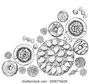 Dessert top view frame: donut, cupcake, cake. Food menu design. Vintage hand drawn sketch vector illustration. Engraved style image.