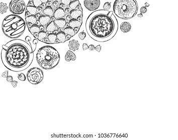 Dessert top view frame: donut, cupcake, cake. Food menu design. Vintage hand drawn sketch vector illustration. Engraved style image.
