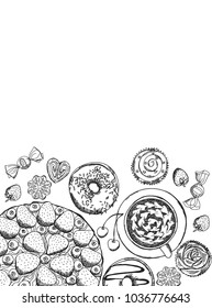 Dessert top view frame: donut, cupcake, cake. Food menu design. Vintage hand drawn sketch vector illustration. Engraved style image.