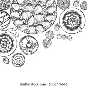 Dessert top view frame: donut, cupcake, cake. Food menu design. Vintage hand drawn sketch vector illustration. Engraved style image.