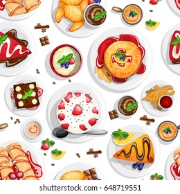 Dessert top view. Seamless pattern with different dessert foods in high detailed coloring style on white background