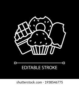 Dessert and treats white linear icon for dark theme. Junk food. Chocolate bar, ice cream. Thin line customizable illustration. Isolated vector contour symbol for night mode. Editable stroke