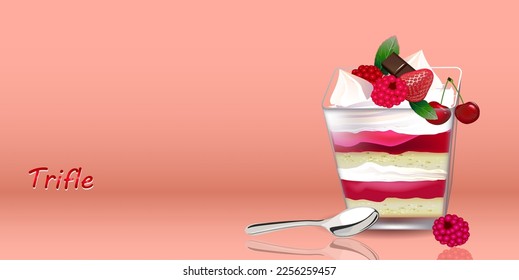 Dessert trifle . Sweet cake, chocolate, fruit and cream in a glass