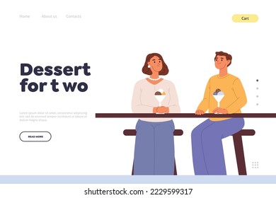 Dessert for two concept of landing page with young couple eating ice cream in cafe. Man and woman enjoy icecream. People tasting sweet delicious meal in cafeteria. Cartoon flat vector illustration