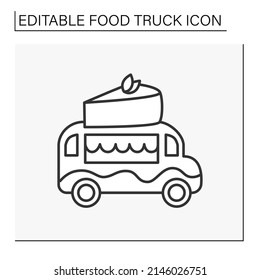 Icono de línea de la furgoneta de postre. La comida móvil es para preparar y vender deliciosos pasteles de queso y pasteles. Carro de comida rápida. Concepto de camión de comida. Ilustración vectorial aislada. Trazo editable