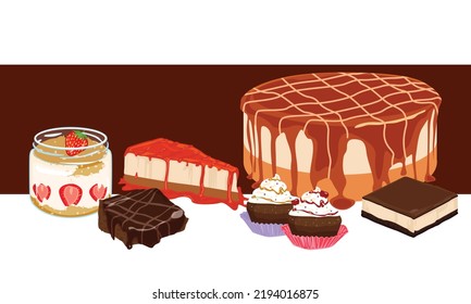 Dessert varieties,strawberry magnolia, caramel cake, chocolate brownie, cupcake, chocolate cheesecake, strawberry cheesecake.