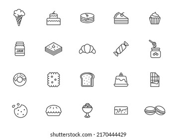 Dessert vector pastry line icon set. Cake sweet food bakery candy waffle cookie pie chocolate croissant bisquit symbol