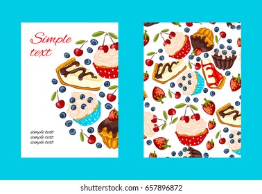 Dessert vector promo card set cartoon style. Restaurant or cafe menu design. Flyer template with berries, muffins and cheesecake.