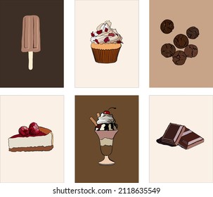 dessert vector set, ice cream, cheesecake, cookies, frappe, cupcake, muffin, chocolate vector illustration. hand drawn poster, vector illustration