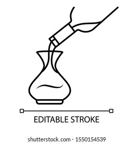 Dessert wine decantering linear icon. Alcohol beverage pouring in decanter thin line illustration. Aperitif drink bottle contour symbol. Winery. Vector isolated outline drawing. Editable stroke