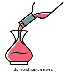 Dessert wine decantering pink color icon. Alcohol beverage pouring in decanter. Aperitif drink bottle. Barman, sommelier, winery. Bar, restaurant. Party, celebration. Isolated vector illustration