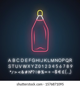 Dessert wine service neon light icon. Alcohol beverage. Bottle with cork. Sweet aperitif drink. Winery. Glowing sign with alphabet, numbers and symbols. Vector isolated illustration