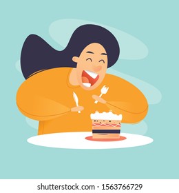 Dessert, woman eats cake. Flat design vector illustration.
