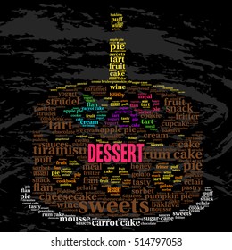 Dessert. Word cloud, celebration cake with a candle, grunge background. Food concept.