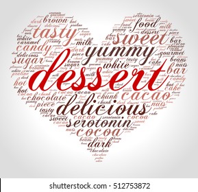 Dessert. Word cloud in a heart shape, italic font, grey background. Gift card.