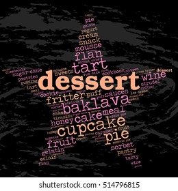 Dessert. Word cloud, star, grunge background. Food for celebrities.