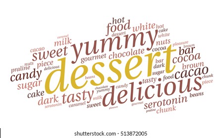 Dessert. Word cloud, white background, italic font. Food concept.